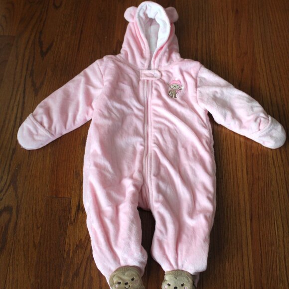 Carter's Just One You baby Girl Velvet Pink Snowsuit size 9 Months Monkey EUC - Picture 1 of 5